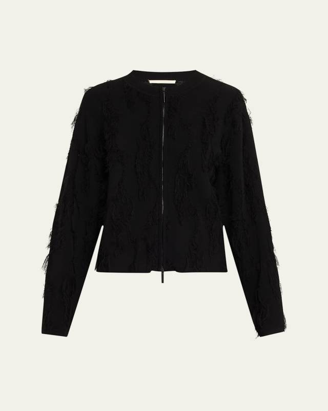 Brushstroke Fray Jacquard Zip-Up Cardigan